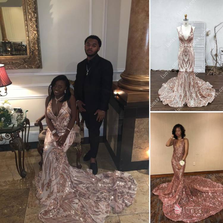 criss cross strap back rose gold sequin mermaid prom dress