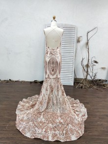 criss cross strap back rose gold sequin prom dress