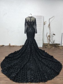 black illusion long sleeve fit flare mermaid prom dress