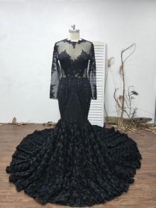 custom made black illusion long sleeve prom dress