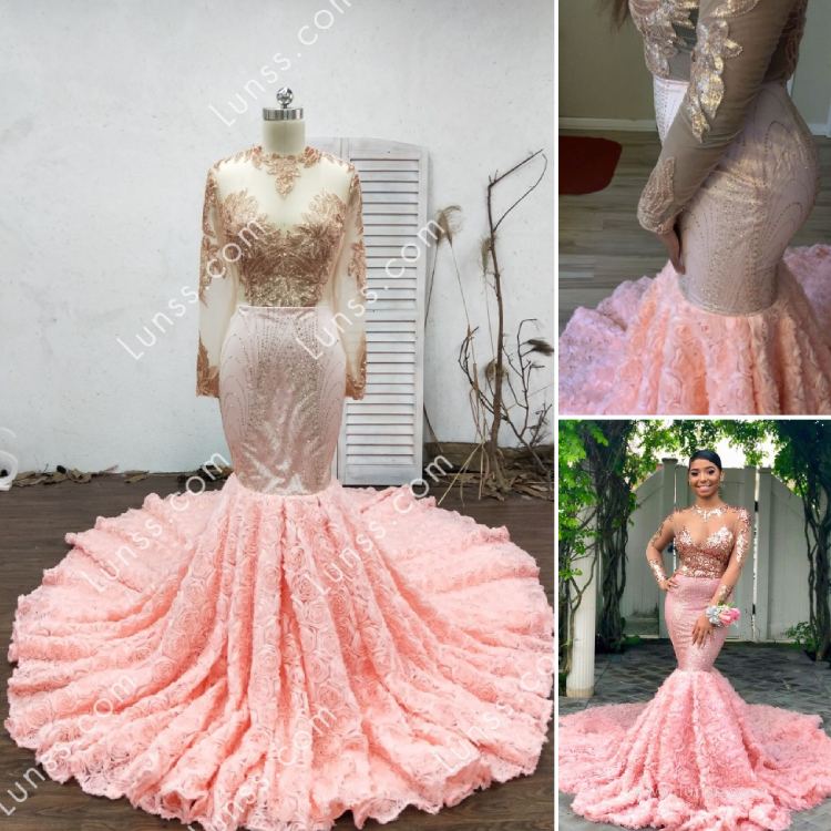 Unique custom made pinkish mermaid prom dress with long 3D rose train