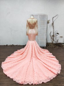Unique pinkish mermaid prom dress with long 3D rose train