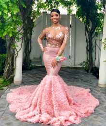 pinkish mermaid prom dress with long 3D rose train