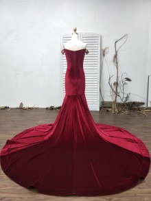 Burgundy Velvet Off Shoulder Mermaid Prom Dress with Long Train