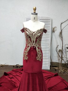 Elegant off shoulder gold burgundy prom dress
