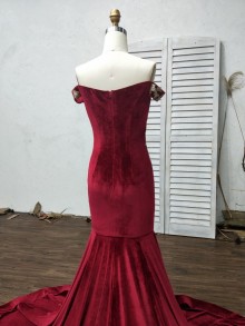 Burgundy Velvet Off Shoulder Mermaid Prom Dress with Gold Lace and Long ...