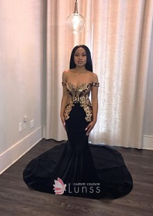 Gold black off shoulder velvet mermaid prom dress