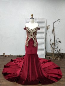 Burgundy Velvet Off Shoulder Mermaid Prom Dress with Gold Lace and Long ...