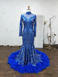 Illusion Long Sleeve High Neck Mermaid Prom Dress with Feather Train