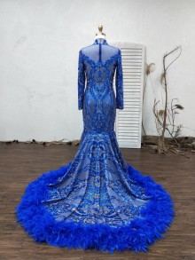 Illusion Long Sleeve Sheer Back Mermaid Prom Dress with Feather Train