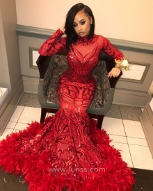Red Sparkly Sequin Feather Prom Dress
