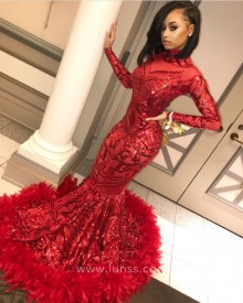Red Sparkly Sequin Feather Prom Dress with Long Feather Train