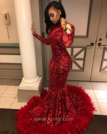 Red Sparkly Sequin Long Feather Prom Dress