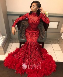 Red Sparkly Sequin Prom Dress With Feather