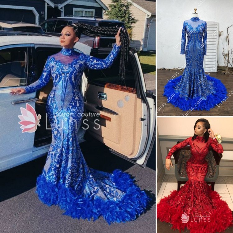 Sparkly Custom Royal Blue Prom Dress with Long Feather Train