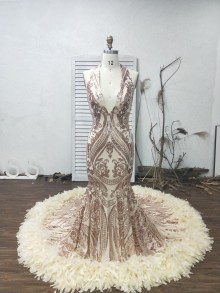 Champagne gold sexy plunging neck patterned sequin feather mermaid prom dress