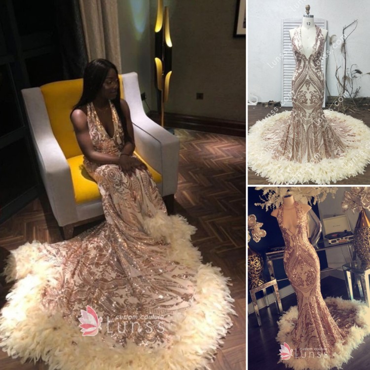 Sparkly Champagne Gold Halter Plunging Mermaid Prom Dress with Feather Train