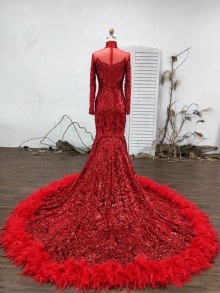 Custom Made Red Sequin Prom Dress with Lining and Enclosed Back - Lunss