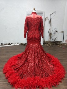 custom made red sequin prom dress with enclosed back