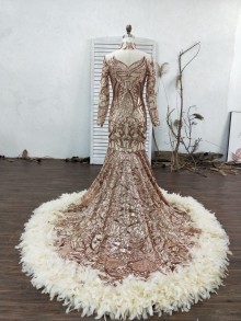 best gold geometric sequin and feather prom gown