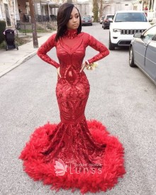 geometric sequin and feather prom gown