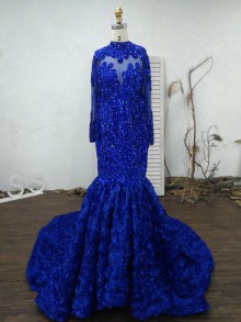 custom made royal blue 3D flowers mermaid long prom dress