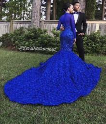 royal blue 3D flowers long prom dress