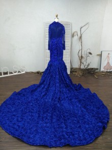 royal blue 3D flowers mermaid long prom dress 2019