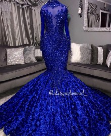 royal blue 3D flowers mermaid long prom dress
