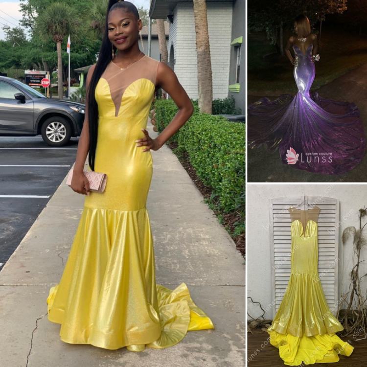 Shiny daffodil plunging bodice custom made fit and flare prom dress