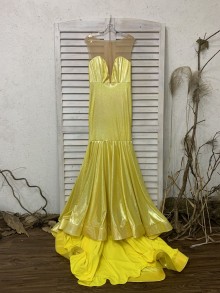 Shiny daffodil plunging bodice custom made prom dress