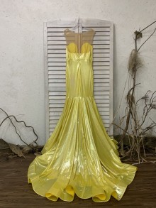 Shiny daffodil plunging bodice fit and flare prom dress