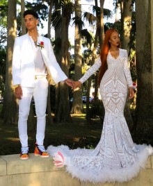 sequin and feather prom dress