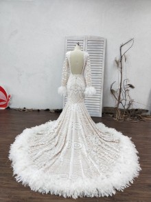 sequin and ostrich hair custom prom dress