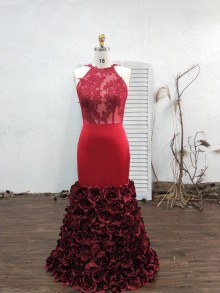 red illusion halter trumpet 3D rose flowers customized prom dress