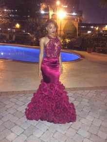 red illusion halter trumpet 3D rose flowers prom dress