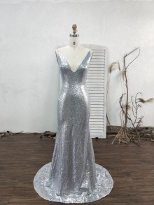 silver custom made sparkly deep V neck formal dress