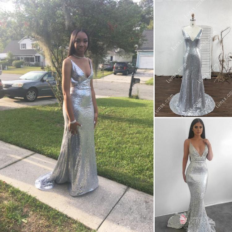 silver custom made sparkly deep V neck spaghetti strap formal dress
