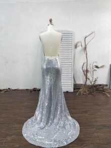 silver custom made sparkly spaghetti strap formal dress