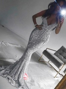 silver deep V neck spaghetti strap formal dress
