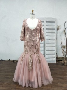 Rose gold patterned sequin long trumpet prom dress