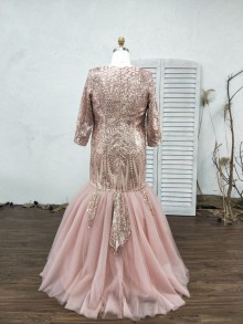 Rose gold patterned sequin tulle tight fit design prom dress