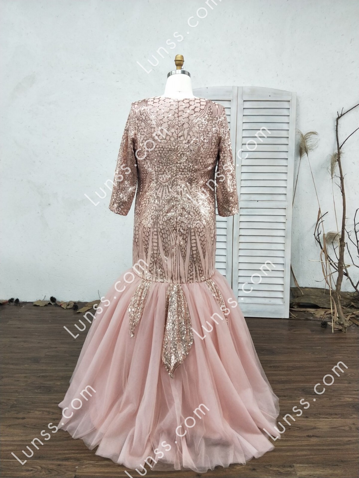 Rose Gold Patterned Sequin Tulle Tight Fit Design Long Trumpet Prom ...