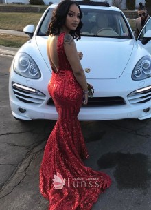 custom made mermaid sequin prom dress with long train