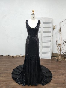 sparkly black sequin U neckline custom made mermaid prom dress