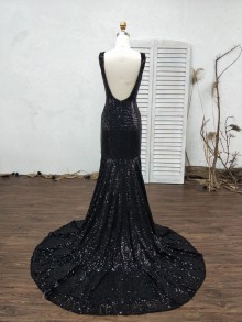 sparkly black sequin custom made mermaid prom dress with long train
