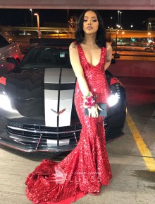 sparkly red sequin U neckline mermaid prom dress