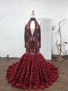 burgundy sequin and 3D rosettes trumpet floor length prom gown