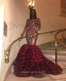 burgundy sequin and 3D rosettes trumpet gown