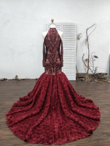 tailored burgundy sequin and 3D rosettes floor length prom gown